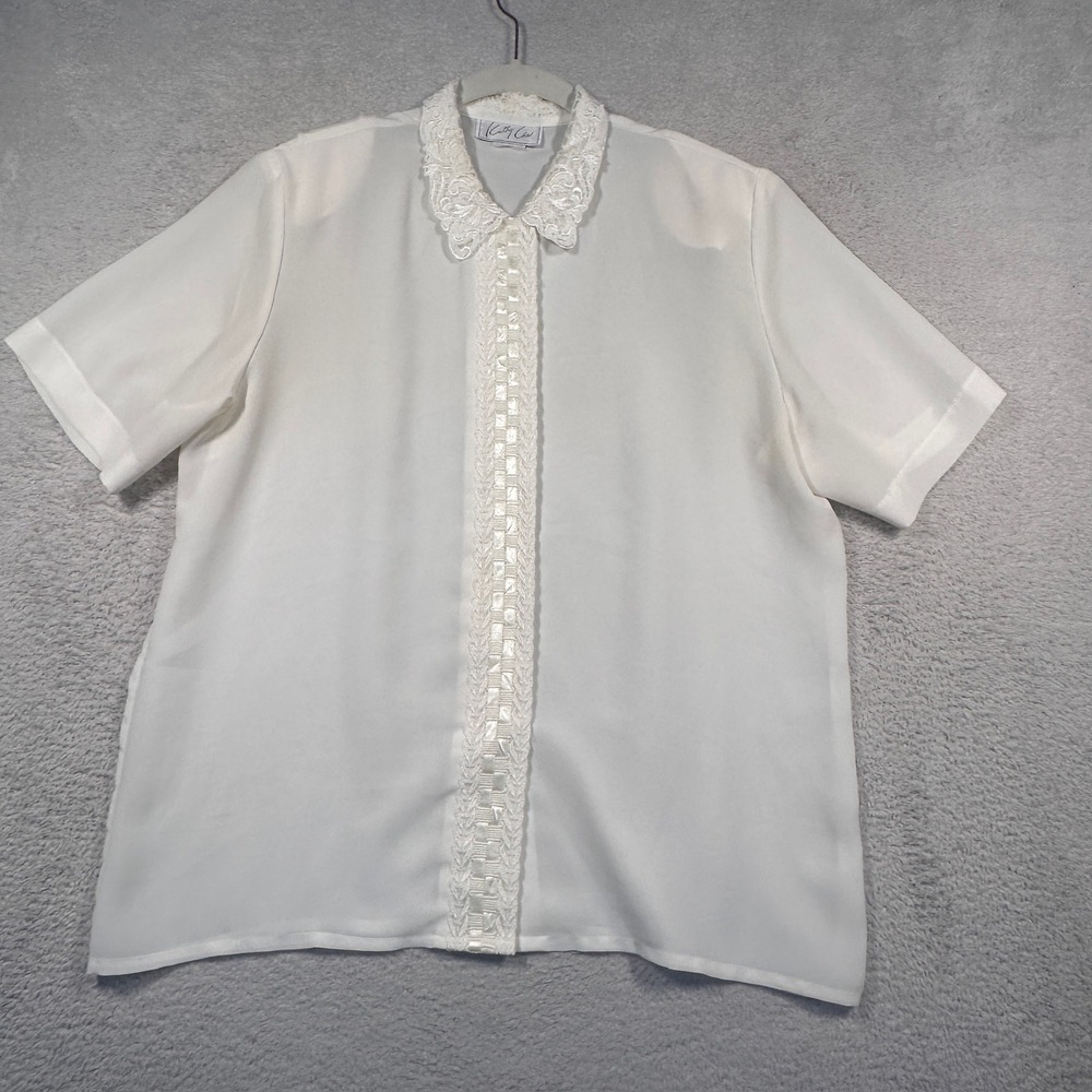 Vintage Kathy Che Lace‎ Collar Sheer Blouse Short Sleeve Button Down Top Size L